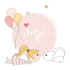 Little girl playing with a kitten, I love you message