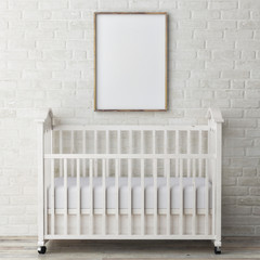 Obraz na płótnie Canvas baby bed with mock up poster, 3d illustration