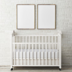 Mock up posters with baby bed, 3d illustration