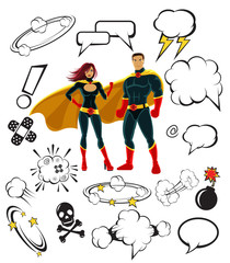 Superheroes and cartoon speech bubbles and design elements