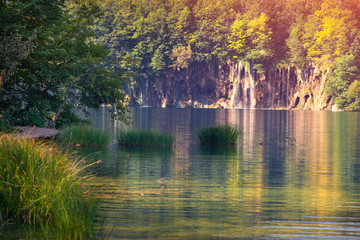 Majestic view on waterfall with turquoise water