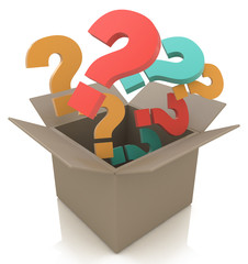 Open box with colour questions. Isolated 3D image