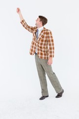 Geeky hipster with hand up