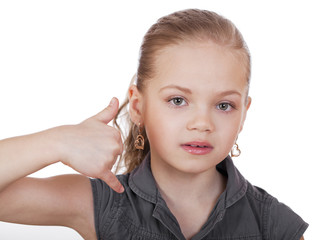 One Little Girl making a call me gesture, against white backgrou