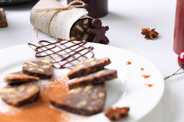 chocolate sausage with decorations