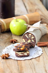 chocolate sausage with decorations