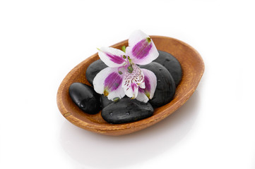 Obraz na płótnie Canvas wooden bowl of orchids with zen stones