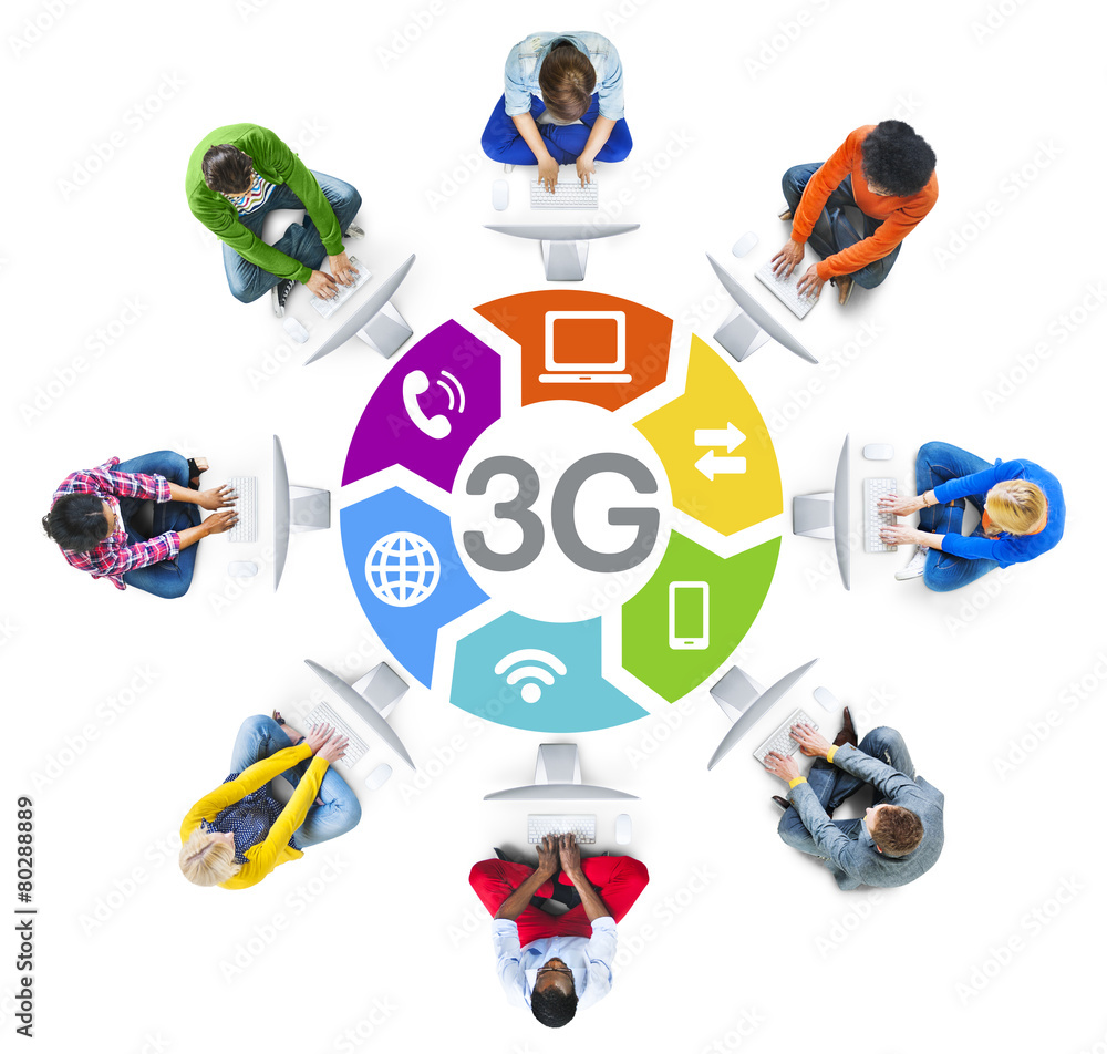 Poster diverse people circle using computer 3g concept
