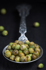 green pepper on a silver spoon, selective focus