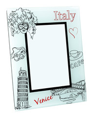 Beige photo frame with drawings and red words Italy, Venice