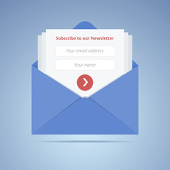 Blue envelope with subscription form in flat style for email mar