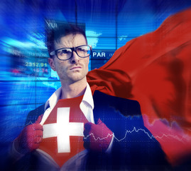 Businessman Superhero Country Switzerland Flag Culture Concept