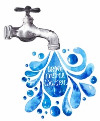 Watercolor faucet with water drops - 80295293