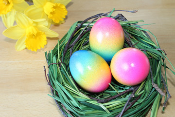 Fototapeta na wymiar Frohe Ostern - Osterkorb mit bunt gefärbten Eiern