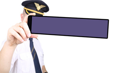 Captain with phone on white background