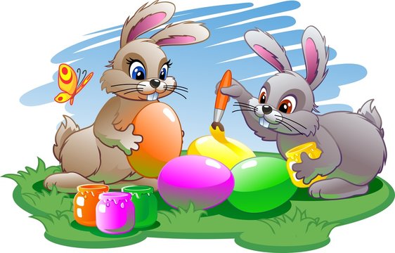 Easter bunnies paint eggs
