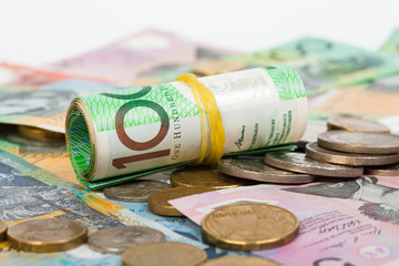 Australian Dollar banknotes on white background