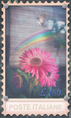 Vintage stamp with rainbow and flowers