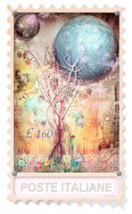 Stamp with enchanted tree in the forest