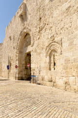 The ancient city walls and towers in the old Jerusalem