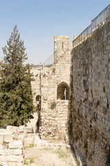 The ancient city walls and towers in the old Jerusalem