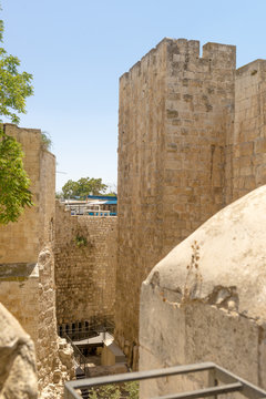 The ancient city walls and towers in the old Jerusalem