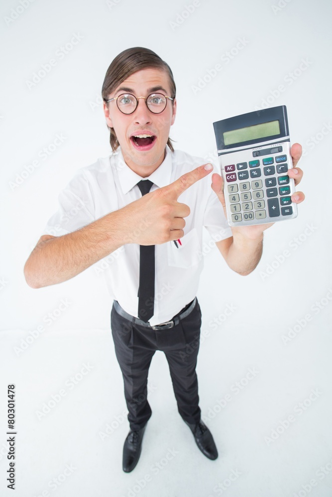 Poster geeky cheering businessman holding calculator