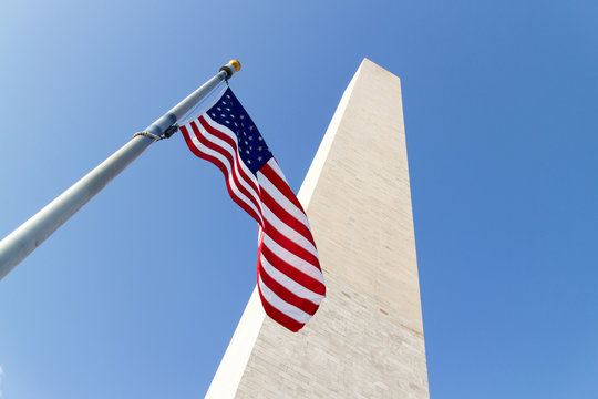 Washington Monument And The USA Flag.