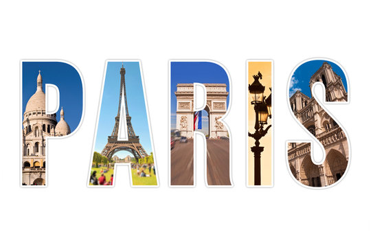 Paris letters with monuments isolated on white background