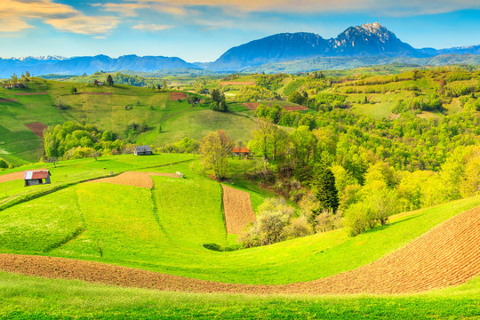Spring landscape and rural village,Holbav,Transylvania,Romania