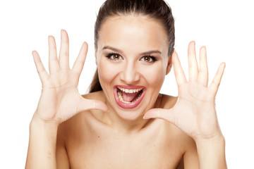 Happy beautiful woman on a white background