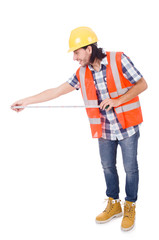 Funny construction worker with tape-line isolated on white