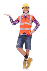 Young construction worker holding isolated on white