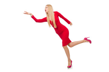 Woman in elegenat long red dress isolated on white