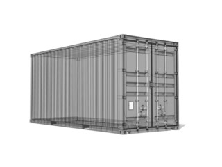 Gray cargo container, digital 3d render with wireframe lines