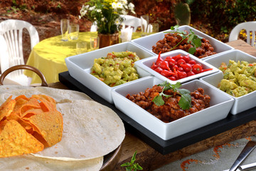 Mexican food - chilli, guacamole, tortillas and nachos