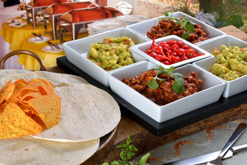Mexican food - chilli, guacamole, tortillas and nachos