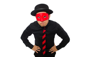 Young man with red mask isolated on white