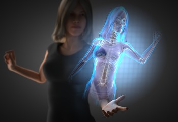 woman and hologram with bones radiography