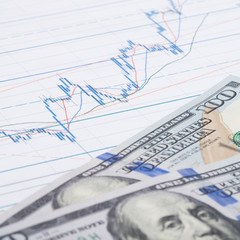 Stock market graph with hundred dollars banknote - studio shot