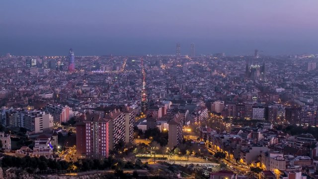 Barcelona skyline timelapse from dusk to night