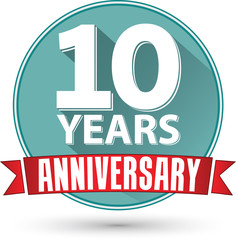 Flat design 10 years anniversary label with red ribbon, vector i