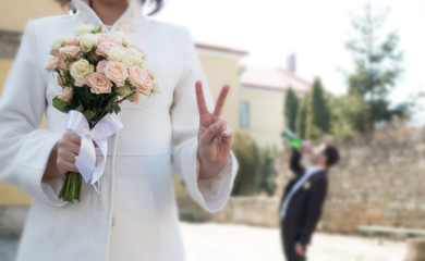 happy bride, groom sad concept