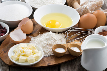 fresh ingredients for baking on a wooden board
