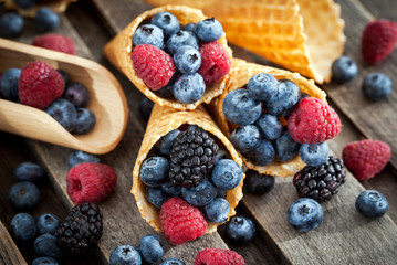 Fresh berries in waffle cone