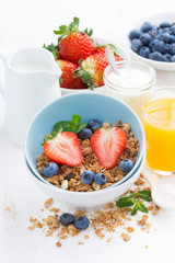 healthy breakfast - granola, fresh berries, orange juice