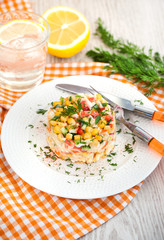 Fresh vegetable and crab salad with mayonnaise