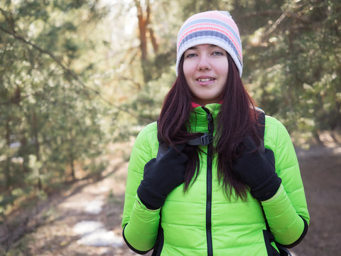 Close Up Portrait Of A Older Woman Hiking In The Forest