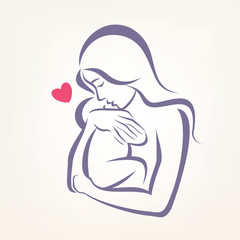 mom and baby stylized vector symbol, outlined sketch
