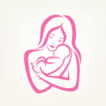 mom and baby stylized vector symbol, outlined sketch